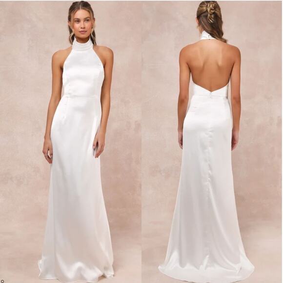 Lulus Dresses & Skirts - Lulus Women's Luxe‎ Destiny White Satin Backless Halter Mermaid Maxi Dress XL